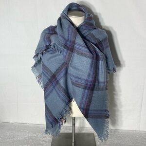 Vintage Blue Plaid Super Soft Blanket Scarf Wrap With Fringe